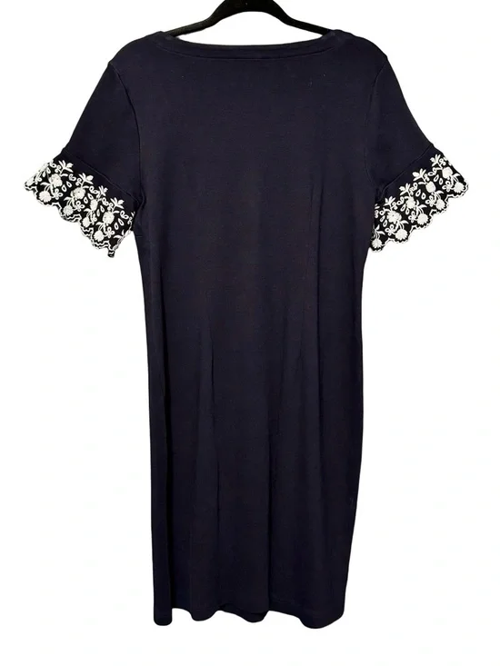 Talbots Embroidered Scalloped Sleeve Navy Blue Shift Dress Large - Picture 5 of 7